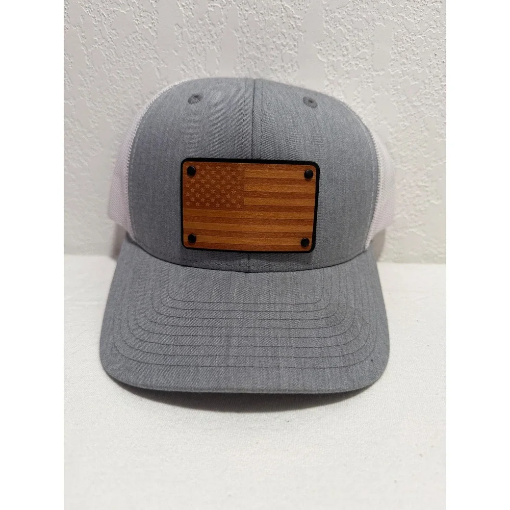Union Standard Supply Co American Flag Wood Patch Trucker Hat Gray White Snapbck